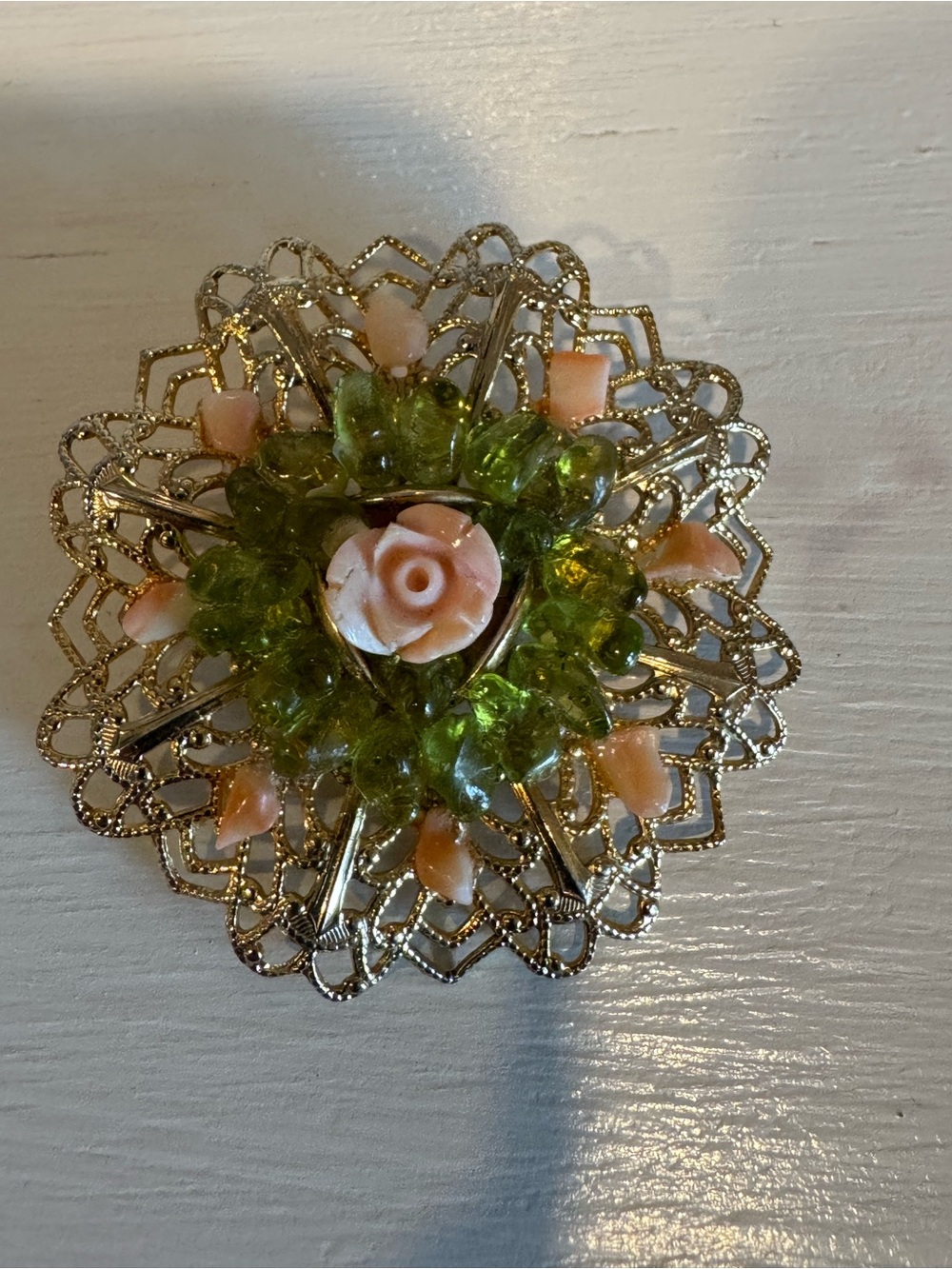 Gold Filigree Floral Brooch with Peach and Green Accents - Picture 4 of 9